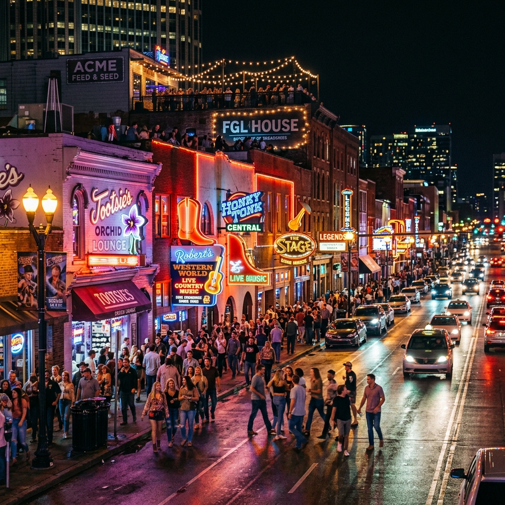 Lower Broadway Nashville at night — neon honky-tonk signs, Music City core