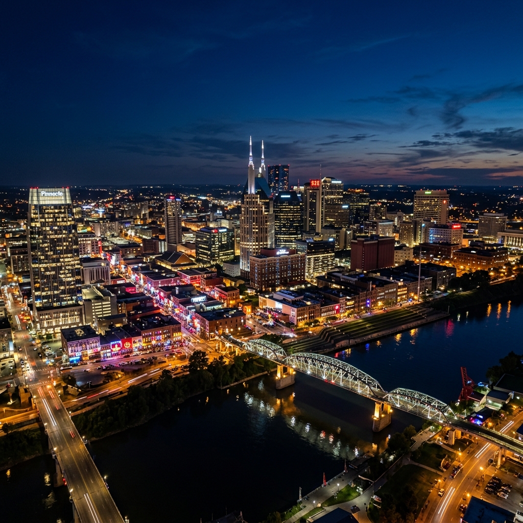 Aerial view of Nashville, Tennessee, the prospective host city for Super Bowl LXIV